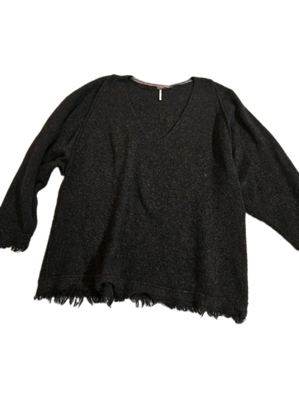 free people sweater large Wool/linen Irresistible Fringe V-neck Black Grunge